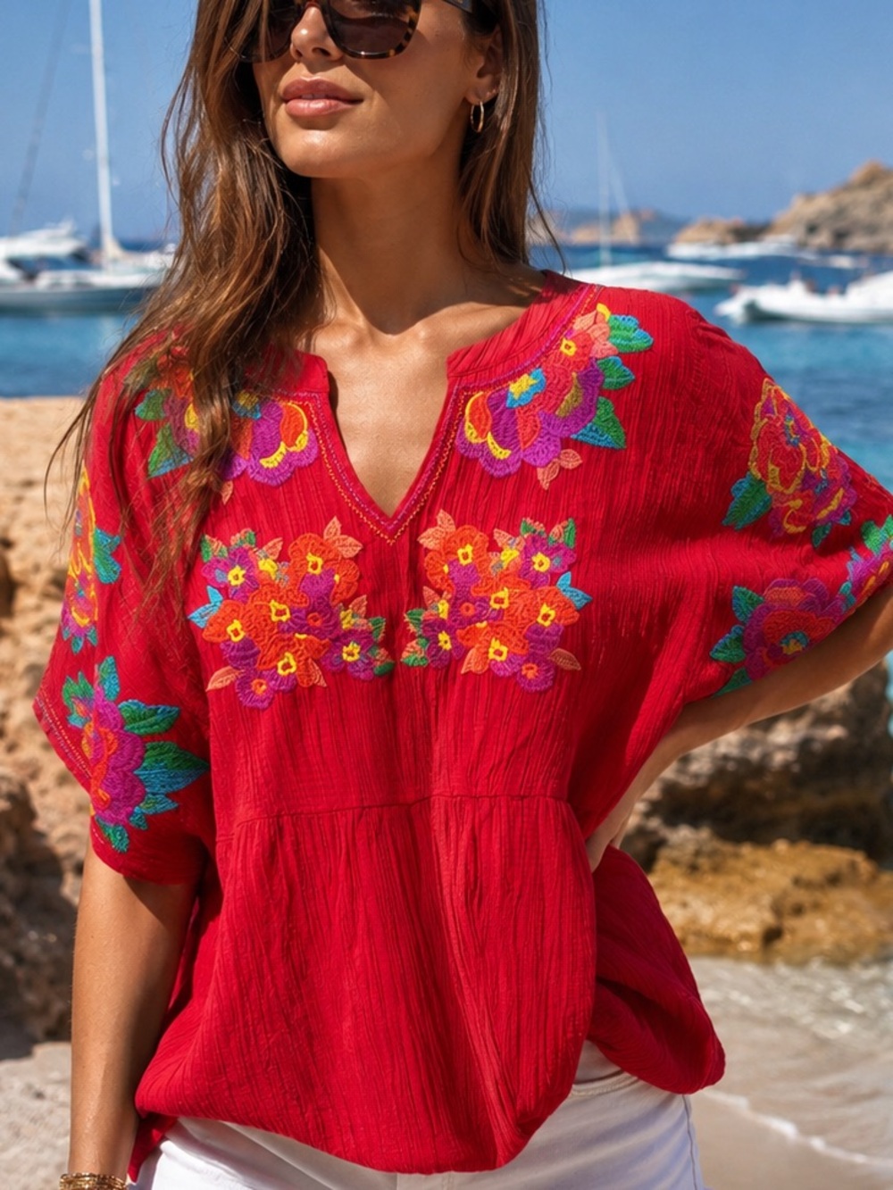 Caleesa Red Embroidered Floral Boho Top Plus Size PXL NWT